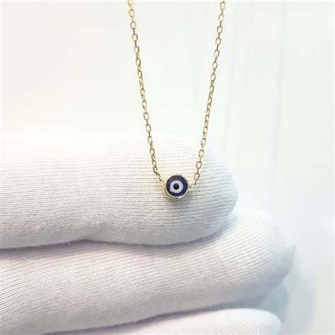 K Real Solid Yellow Gold Evil Eye Pendant Necklace For Women Navy