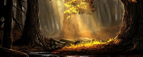 Download Wallpaper 2560x1024 Forest River Trees Sunlight Art
