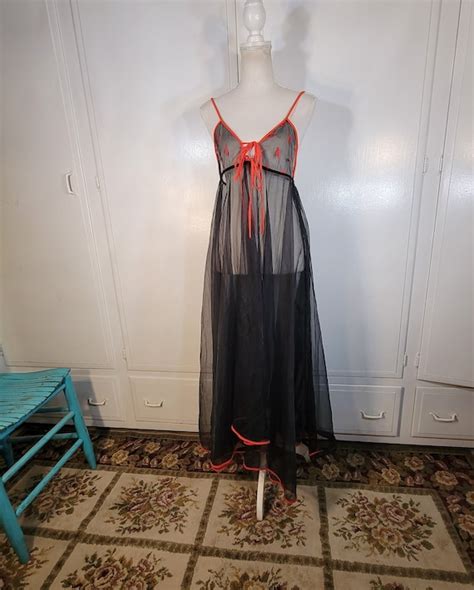 vintage 70s negligee lingerie sheer black chiffon red… gem