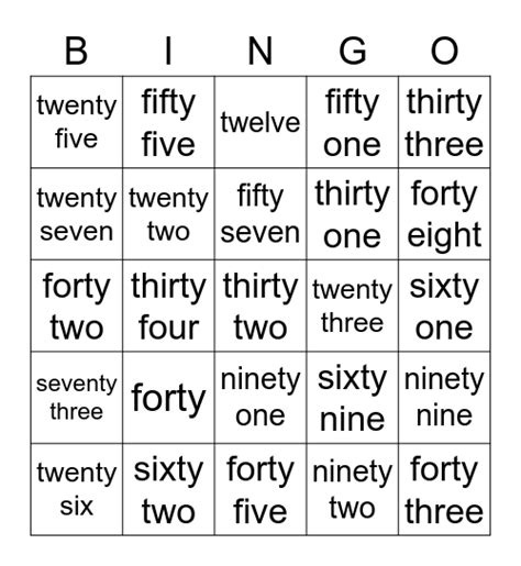 Number Words Bingo Card