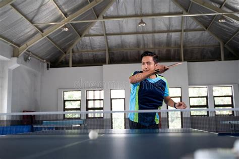 Male Ping Pong Athlete Hitting Forehand Ball Stock Image Image Of