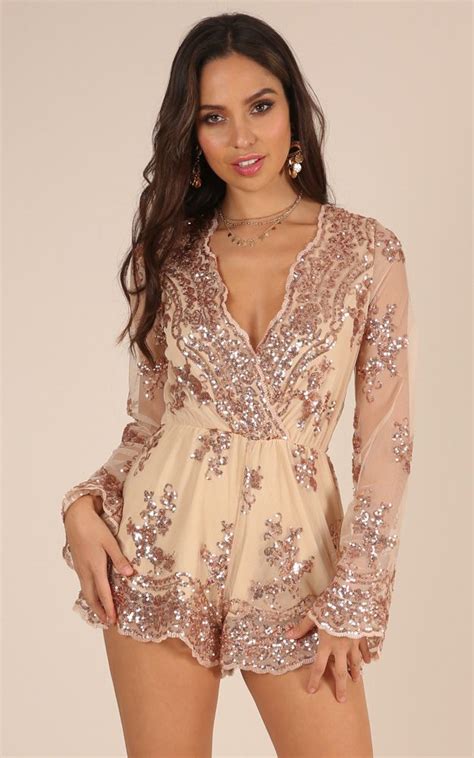 On Call Playsuit In Rose Gold Sequin Showpo Gold Sequin Romper Eve