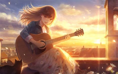 Download 1680x1050 Anime Girl Singing Sunlight Guitar Instrument