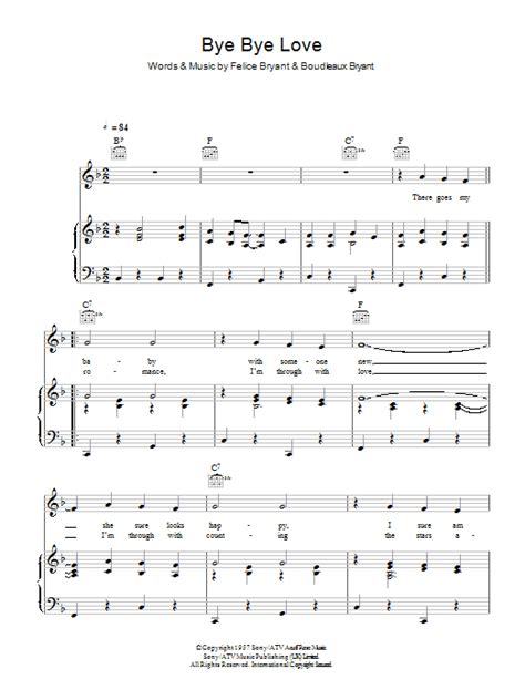Bye Bye Love Sheet Music Everly Brothers Piano Vocal And Guitar Chords