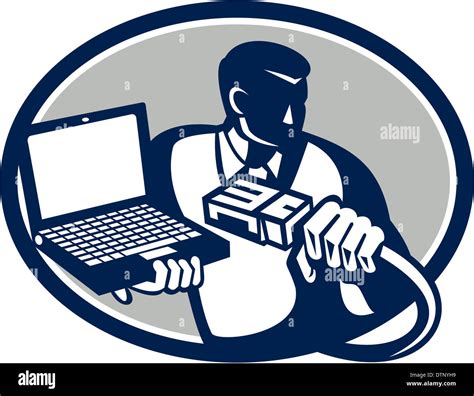 Illustration Of Computer Technician Repairman Geek Holding Network