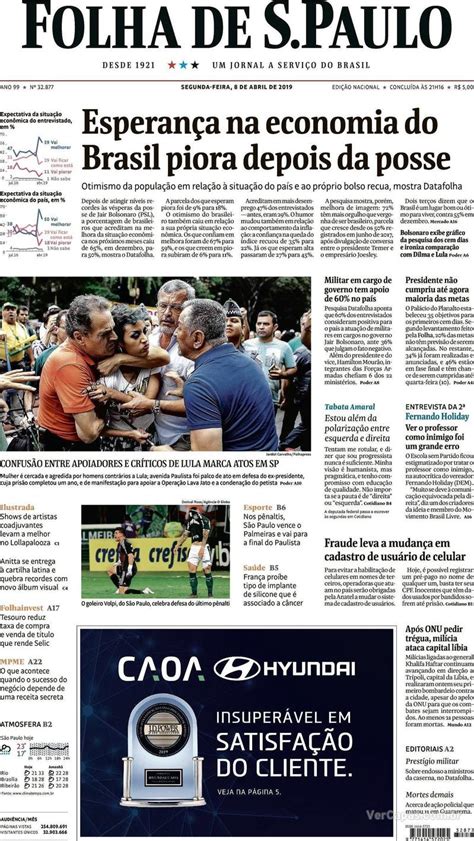 Capa Folha De Spaulo Edição Segunda 8 De Abril De 2019