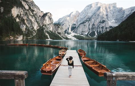 Wallpaper Girl Mountains Nature Lake Boats Pier Italy The