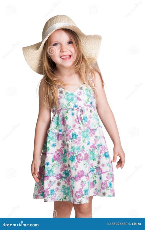 Little Blonde Girl Wearing Big White Hat And Dress Making Faces Stock