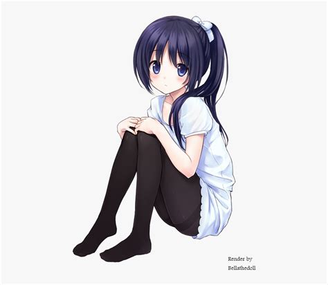 Anime Girl Sitting Png Anime Girl Dark Blue Hair Transparent Png