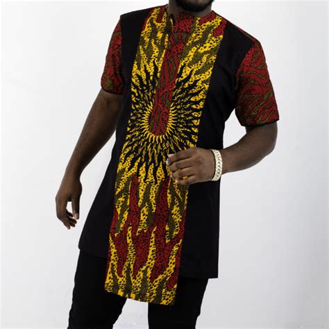 Yaw Mens African Print Traditional Shirt Dress Red And Yellow Ankara Fabric Black Chimzi