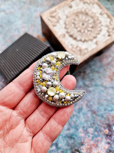 Silver Crescent Brooch Moon Pin With Swarovski Etsy