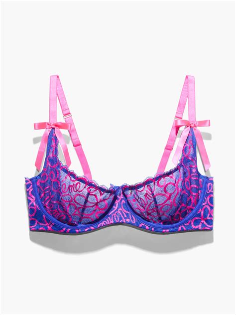 Ribbon Writing Unlined Lace Quarter Cup Bra In Blue Multi Pink