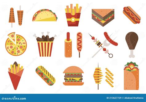 Fast Food And Junk Food Icons Set Stock Vector Illustration Of Food