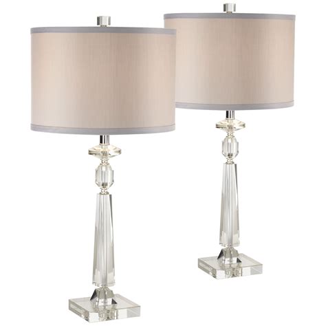 Vienna Full Spectrum Modern Table Lamps Set Of 2 Crystal Column Gray Drum Shade For Living Room