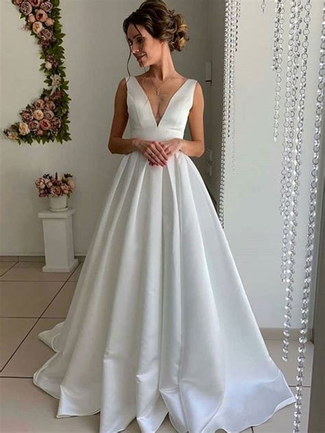 A Line V Neck Pleated Satin White Long Prom Dresses Wedding Dresses W