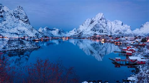 Reine Water Boats Nature Reflection Lake Norway Sky Mountain
