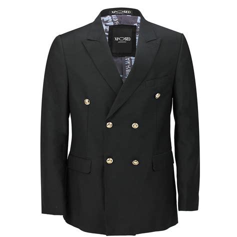 Mens Classic Fitted Double Breasted Black Blue Blazer Gold