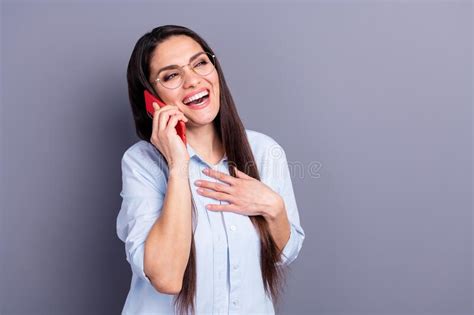 Photo Of Sweet Pretty Mature Woman Wear Formal Shirt Spectacles Talking Modern Device Laughing