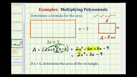 Calculate the area of a rectangle if given length and width. Ex: Find the Area of a Rectangle Using a Polynomial - YouTube