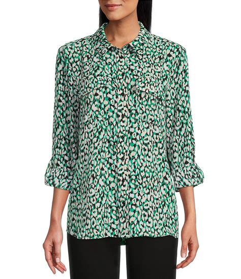 Investments Olivia Green Leopard Point Collar Print Long Roll Tab