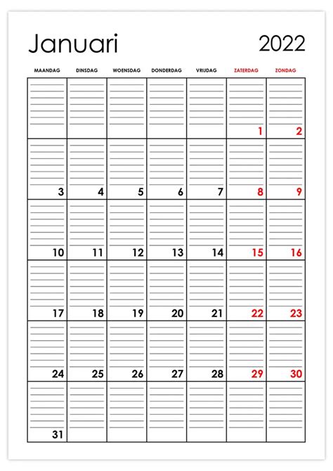 Lege Kalender Januari 2022