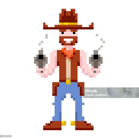 Vetores De Cowboy Pixel Art Segurando Uma Arma Pistoleiro Com