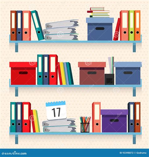 Documents And Folders On Shelves Set Vector Illustration Isolated Stock