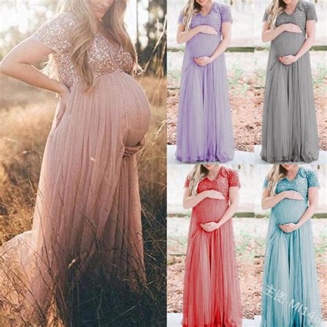 Chiffon Sequins Ball Gown Maternity Dresses For Photo Shoot Long Maternity Photography Props