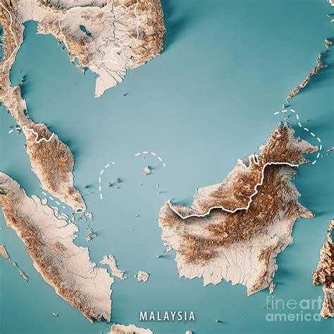 Malaysia 3d Render Topographic Map Neutral Border Digital Art By Frank