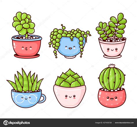 Cute Happy Funny Succulents Plants Set Collection Stock Vector Image By