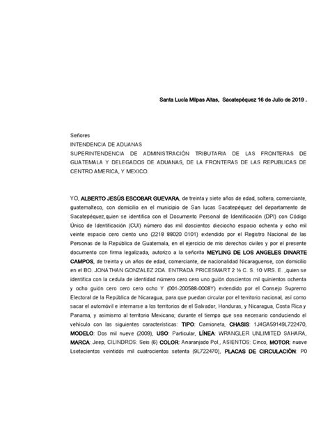 Carta Poder Vehiculo Salida De Guatemala Pdf Guatemala Nicaragua