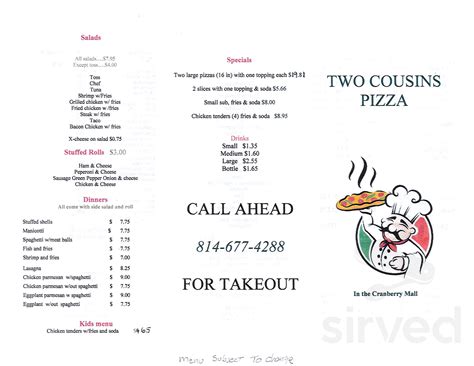 Menu For 2 Cousins Pizza In Cranberry Pa Sirved