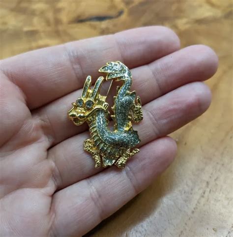 Vintage Dragon Pin Gold Plated Chinese 15 Rhinestones Luck Brooch 19