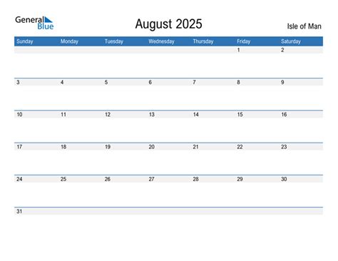 Isle Of Man August 2025 Calendar With Holidays