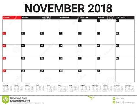 En Noviembre De 2018 Ejemplo Del Vector Del Calendario Del Planificador