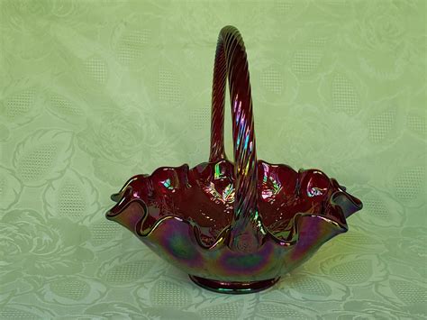 Vintage Fenton Red Iridescent Carnival Glass Basket Leaves And Berries Aunt Gladys Attic