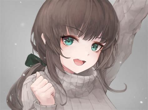 Anime Girl Sweater Brown Hair Green Eyes Green Eyes Anime Girl