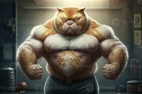 Strong Cat Body Builder Super Muscles Illustration Generative Ai