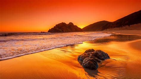 Rocks Amazing Shore Glow Fiery Golden Ocean Beautiful Sunset
