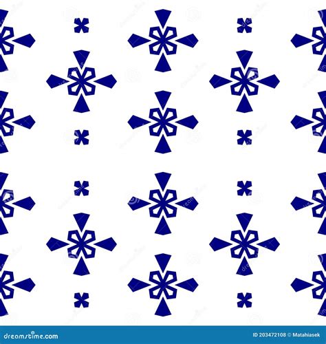 Seamless Navy Blue Pattern With Geometric Ornaments Over White