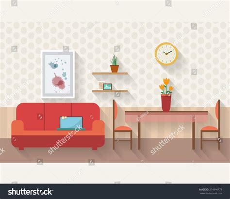 Living Room And Dining Room With Furniture And Long Shadows Flat Style