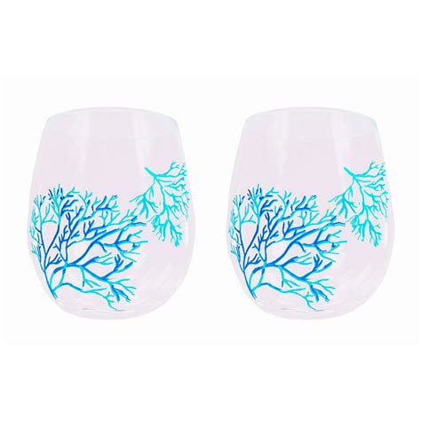 Set Of 2 Nautical Coral Stemless Acrylic Wine Glasses