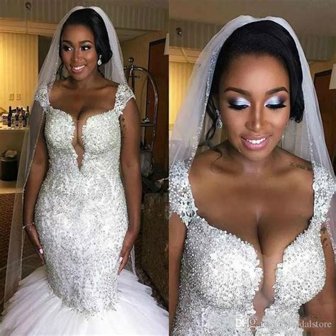 Shiny Luxury African Mermaid Wedding Dress Custom Cap Sleeves Major Beaded Wedding Dresses