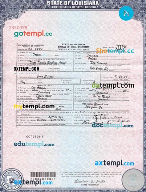 Usa Louisiana State Birth Certificate Example In Psd Format Fully