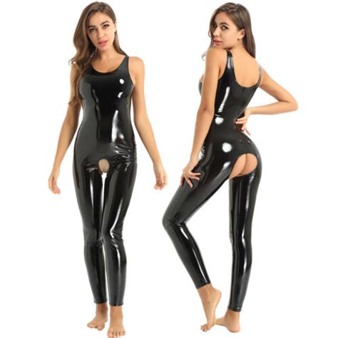 Damen Lack Leder Body Overall Catsuit Einteiler Jumpsuit Hosenanzug Übergrößen Ebay