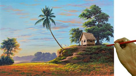 Acrylic Landscape Painting In Time Lapse Nipa Hut House Jmlisondra