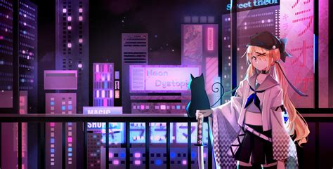 Anime Anime Girls Blonde Cats Black Cats Fence Night City Neon Japanese