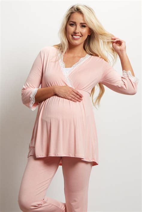 Pink Lace Trim Maternity Pajama Top Maternity Pajamas Pajama Top Pink Blush Maternity