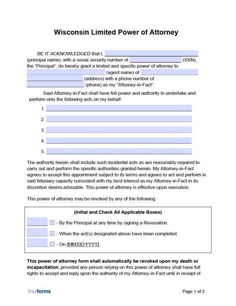 Free Wisconsin Limited Power Of Attorney Form Word Pdf Eforms Gambaran
