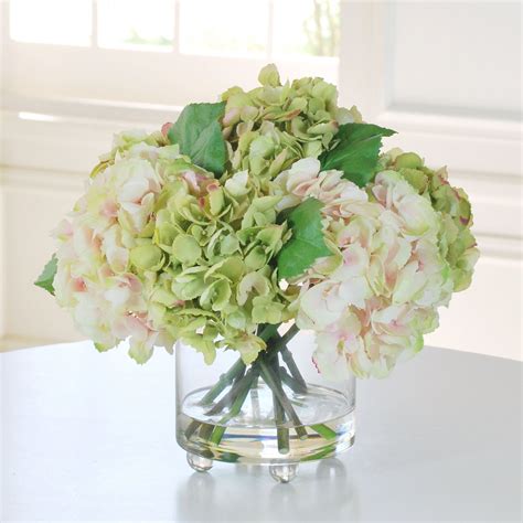 green hydrangea in footed glass flower vase arrangements hydrangea flower arrangements dried